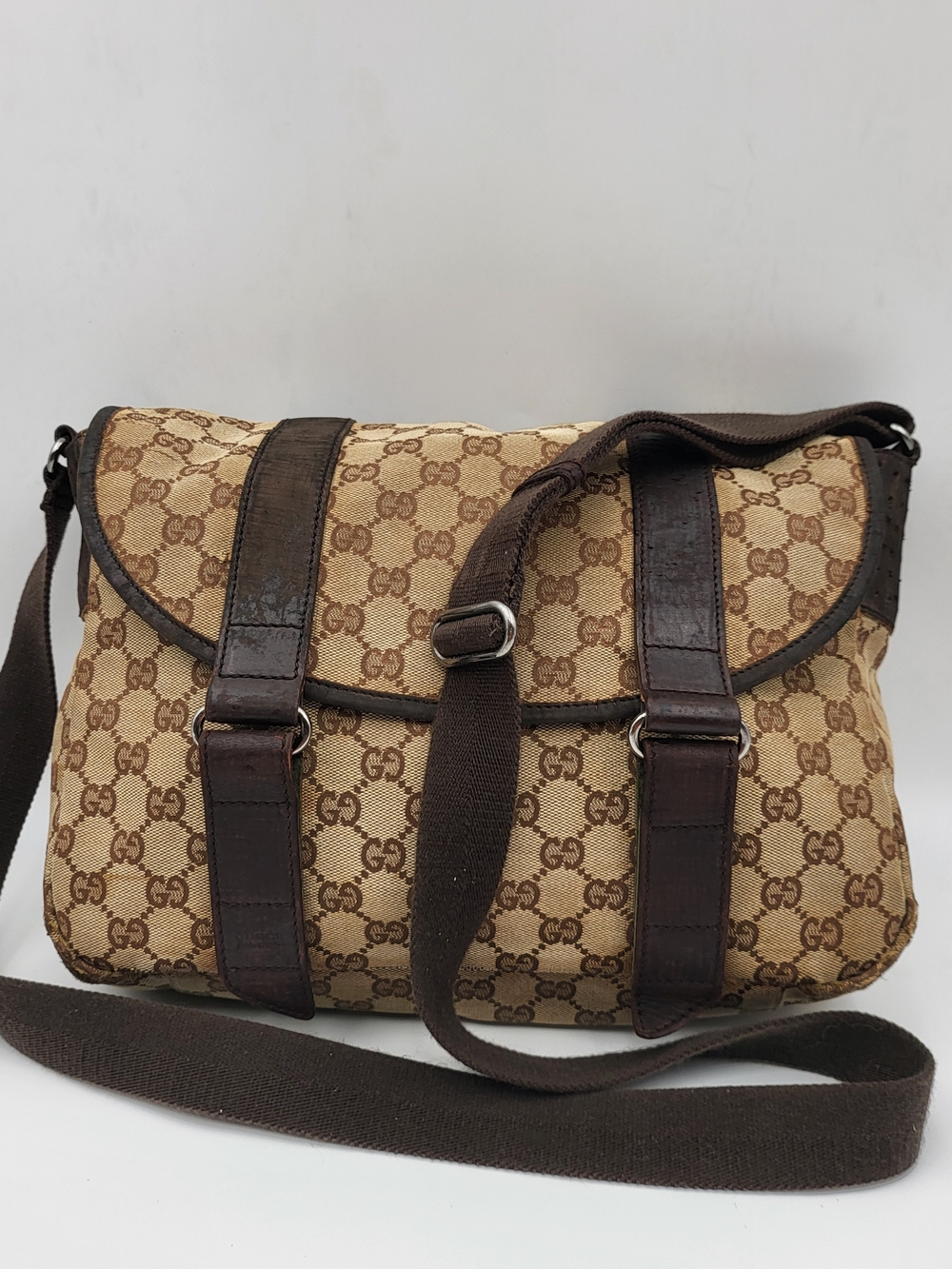 Gucci GG Canvas Double Buckle Medium Messenger Bag, Auth w/COA.